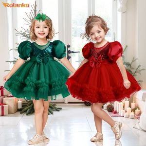 Rolanko Kids Girls 2Pcs Christmas Sequin Princess Dress Bubble Sleeves Bow Mesh Tutu Dress Birthday Flower Girls Dress