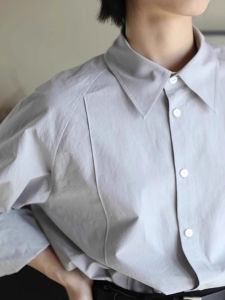 French Style Gray Long Sleeve Shirt Womens Spring & Fall Small Inner Bandage Dress Shirt Professional Commute Loose Polo Collar Top