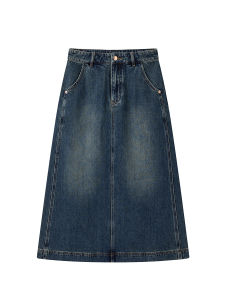 Peacebird Womens Mid-Length Denim Skirt High Waist A-Line Skirt Post Split Stylish Simple Design Spring Autumn New Arrival