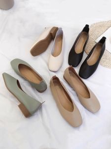 รองเท้าส้นเตี้ยหนังแท้ผู้หญิง รองเท้าหนังนิ่มแบบสวมสบาย รองเท้าแฟชั่นฤดูร้อน รองเท้าผู้หญิงแบบสวมสบาย ส้นเตี้ย ทรงสี่เหลี่ยม รองเท้าหนังแท้