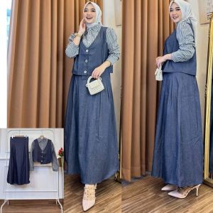 Setelan 3in1 Lemosty Ciara setelan rok wanita kemeja katun salur rok Aline denim rompi denim