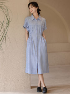 ชุดเดรสลายทางผ้าลินินโพลีเอสเตอร์ยาวปานกลางทรงหลวมสำหรับผู้หญิงไซส์ใหญ่ในช่วงฤดูร้อน ชุดเดรสคอโปโลแขนสั้น