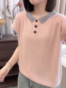 Ice Silk Polo Neck Knitted Top Short Sleeve Loose Fit Age-Defying Korean Style Womens Summer T-Shirt Cover Belly