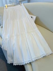 Fashionable Lace Trim Splice Half Skirt Womens Mid-Length Umbrella Skirt High Waist Korean Style Commute Cake Skirt Pure Color