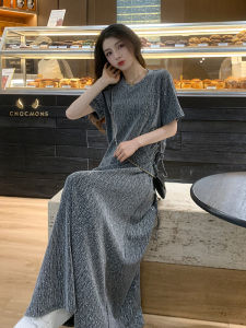 Elegant Grey Two-Piece Set Summer Loose Slimming Skirt Casual Style High Waist Mid-Length H-Shape High Quality Womens Dress