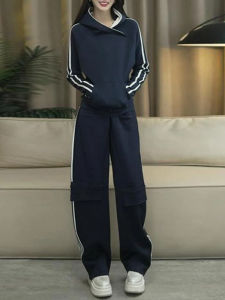 Shalldoer | Leisure Lazy Sporty Style Womens Set Hoodie with Stripes and Wide Leg Pants for Fall