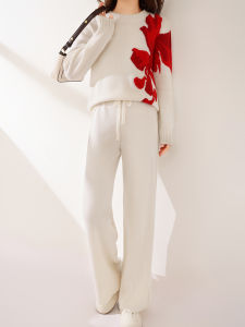 Lucky Year Red Knitted Woolen Long Sleeve round Neck Base Shirt Wide Leg Pants Two Piece Set Loose Fashionable Cashmere Ensemble