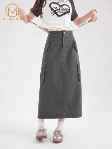 F.MIGA C70 Rok Denim Midi Korea High Waist A-Line Wanita - Abu-abu