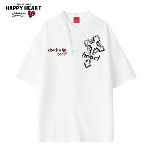 CHARLES JANGS HAPPY HEART | Cross Design and Diagonal Button Closure Loose Short Sleeve T-Shirt