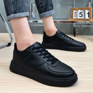 Spring and Autumn Board Shoes Mens Casual Leather Shoes Pure Black Leather Surface Sneakers Men Waterproof Non Slip Labor Protection Work Shoes