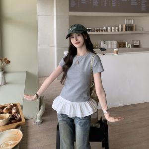 Áo Thun Nữ Cổ Tròn Tay Ngắn Dáng Ôm Đa Năng Mùa Hè Thường Ngày Dài 3Mer Oh Oh Three Sister Áo Thun Cotton Pha Lanh