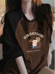 American Style Loose Short Sleeve T-Shirt Womens Summer New Color Block plus Size Fat MM Meat Covering Top Clothes