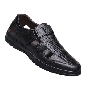 2026 New Mens Summer Sandals Soft Leather Hollow out Breathable Dad Shoes Slip-On Casual Loafers Leather Upgraded Version