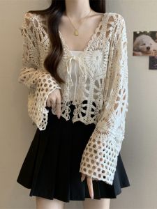 Large Size Knitted Hollow out Belted Cardigan Womens Summer Bohemian Style Bell Sleeve Top Super Beautiful Cover up