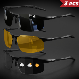 3PCS Classic Semi-Rimless Photochromic Polarized Sunglasses - Spring Hinges UV400 for Driving Fishing & Daily Use
