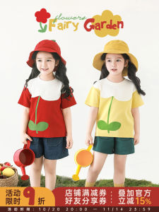 Youyou Summer Set for Girls Casual Cotton Blend Fabric A-Line Shorts Sleeveless Patchwork Collision Color Petal Shape Design