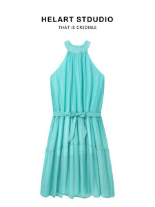 Váy Mùa Hè Màu Xanh Lá Cây Bạc Hà Kiểu Pháp Cổ Treo Cao Cấp Cho Nữ Đi Biển Váy Mùa Hè Không Tay Cổ Chữ a