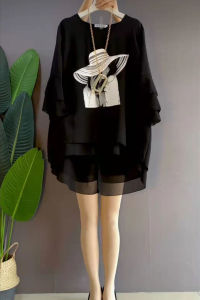 เสื้อเชิ้ตผ้าชีฟองแขนยาวครึ่งตัวแฟชั่นฤดูร้อนสำหรับผู้หญิงไซส์ใหญ่ ทรงหลวม แขนกระดิ่ง ปกโปโล ทรงเข้ารูป เสื้อเชิ้ตผ้าชีฟอง