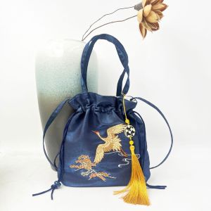 Elegant Embroidered Hanfu Crossbody Bag Traditional Chinese Element Handbag Tassel Detail Soft Polyester Lining Bucket Shape