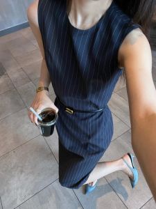 French Commute Style Sleeveless Blue Stripes Dress Elegant Summer New Womens High Waist Zipper Casual Polyester Fiber A-Line Dress