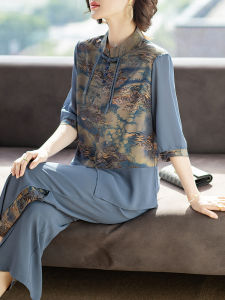 Elegant Mom Summer Outfit Short Sleeve Two-Piece Set 2024 New Style Chiffon Fashionable Middle-Aged And Elderly Women Chinese National Style