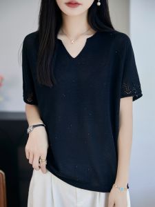 YUEXINYIRONG | Elegant French Style Sequin V-neck Breathable Lightweight Knit Tee