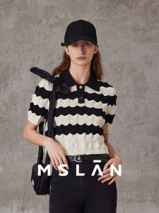 MSLAN Summer Fashion Striped Loose Fit Short Sleeve Polo Shirt Elastic Inclusive Comfortable Top Vintage Style Knitted Sweater