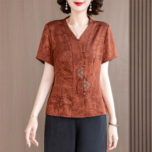 Short Sleeve Silk Embroidered Shirt Womens Summer New Chinese Style Mom True Silk  Silk Top National Style Small Shirt