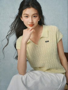 SEIFINI | Floral Jacquard Polo Collar Flutter Sleeve Knitted Top
