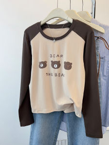 เสื้อยืดแขนยาวผู้หญิงฤดูใบไม้ร่วง 2024 ดีไซน์ใหม่ เสื้อชั้นในแขนสั้นแบบลำลอง แขนยาว คอกลม ทรงเข้ารูป ลายการ์ตูน