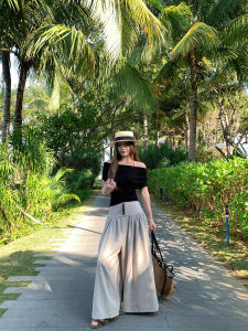 Loose High Waist Linen Casual Pants Womens Wide Leg Pants Floor-Length Drapey Skirt Pants Comfortable Polyester Fiber