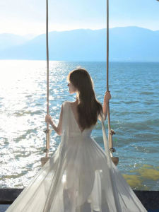 Thai Samui Beach Dress Ultra-Divine Bailey Island Seafront Vacation Dress Backless Photograph Long Sand Dress Summer Sleeveless Chiffon Work Clothing