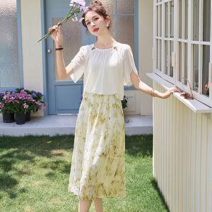 Summer Silk Dress Womens Fashionable High-Quality Printed A-Line Mini Dress Slimming Print Fake Two-Piece Long Dress