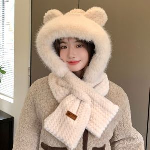 QIANHUAHOU Vải nhung lông Khăn Quàng Cổ tích hợp Dày Chống gió Mũ Beanie khăn quàng cổ Mùa đông Ấm áp Mũ bảo vệ tai Dành cho Nữ