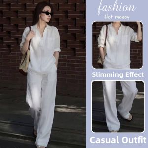 LIANGYILAILIN | UV Protection Casual Shirt & Pants Set for Spring Summer Women White 2-Piece