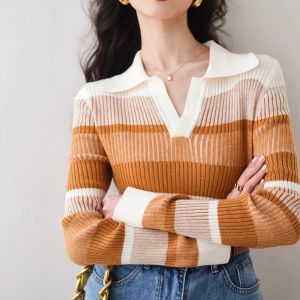 WANGGONGZHU | Elegant Retro Striped Polo Neck Knitwear Long Sleeve Womens Spring Fashion Slimming Top Design Sensation Niche Princess Style