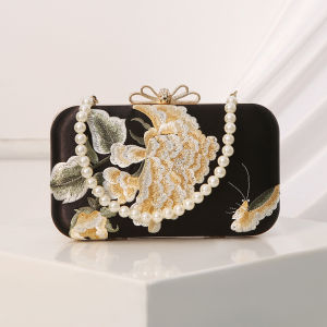 Elegant Pearl Embroidered Clutch Bag New Chinese Style Dinner Party Handbag Silk Strap Nylon Material Medium Softness Lock Buckle Closure