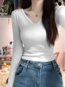 Áo Thun Nữ Tay Dài Cổ Chữ V Dáng Ôm Mùa Thu 2024 Áo Thun Cotton Thường Ngày Thời Trang Cho Nữ