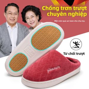 MONLEYTA | Dép lười bông chống trượt cho người cao tuổi mùa đông 2024 Dép lười nhung ấm áp cho bố mẹ Dép lười da bò cho nam và nữ