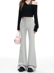 High Waist Bell Bottom Casual Pants Womens American Style Loose Fit Floor Length Sporty Sweatpants Slimming Effect