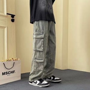 Vintage mid Waist Straight Leg Denim Jeans Fashionable Urban Style Casual Pants for Young Men Spring Season Long Trousers