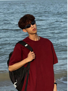 Red Wine Color Heavyweight Short Sleeve Cotton T-Shirt Mens Summer Japanese Style Youthful Half Sleeve Pure Cotton Clothing