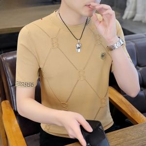 HENGYUANXIANG | เสื้อยืดคอกลมแขนสั้นถักสำหรับผู้ชาย ทรงบาง ผ้าไหมน้ำแข็ง แฟชั่นฤดูร้อน เสื้อตัวบน แบรนด์ Hengyuanxiang