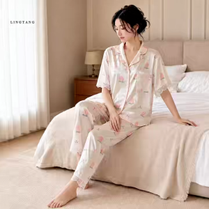LINGTANG Women’s Floral 3-Piece Pajama Set Short Sleeve Top with Long Pants and Shorts Lace Trim Lightweight Sleepwear