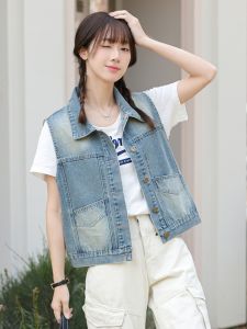 Retro Korean Style Denim Vest Short Jacket Womens Loose Casual Sleeveless Shoulder Pad Vest Spring New Arrival