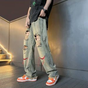 Retro Hole Denim Jeans Mens Summer Thin High Street Pauper Straight Leg Pants Trendy Hong Kong Style Wide Leg Pants