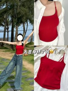 American Retro Red Slim Fit Pleated Vest Womens Summer Design Unique Versatile Top Strapless Chest Pad Casual Fashion