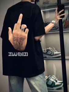 Pure Cotton Heavy Weight Summer New Arrival 2024 Social Middle Finger Individual Short-Sleeved T-shirt Men and Women Loose Ins Tops Tide
