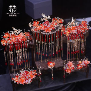 เครื่องประดับผมเจ้าสาวสีแดงหรูหรา คริสตัลเซรามิกโบราณ เครื่องประดับผมสำหรับงานแต่งงานสไตล์จีนคลาสสิก
