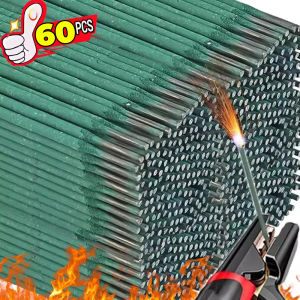 ลวดบัดกรี Las Listrik ลวดเชื่อมสีเขียวอเนกประสงค์60ชิ้นหลอมได้ง่ายเหล็กคาร์บอนที่เป็นแกนไม้พร้อมสายเครื่องมือทหารแผ่นเหล็ก